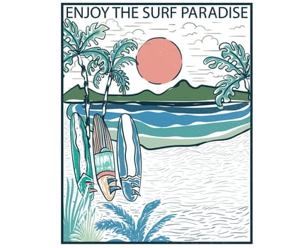 Enjoy the surf paradise. Beach wave artwork. Surfing board. Summer abstract art. Sunshine paradise graphic print design. Tropical vibes design for fashion and others. summer slogan t-shirt. vector