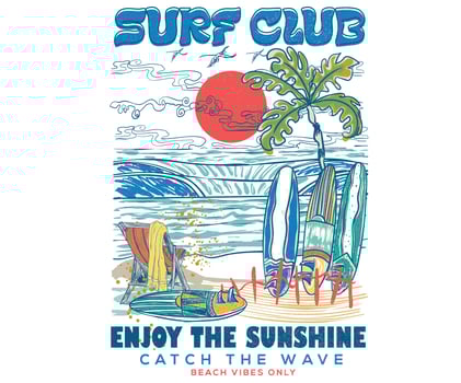 Summer slogan t-shirt. Surf club design. Relax chair. Beach wave artwork. Surfing board. Summer abstract art. Sunshine paradise graphic print design. Tropical island art for fashion and others. vector