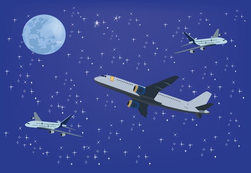 Three airplanes flying in night sky with moon and stars illustration vector