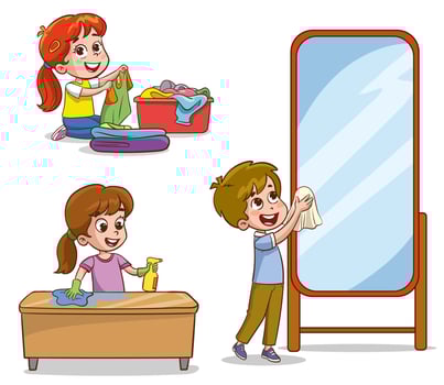 Cartoon children doing housework. Boys and girl helping parents with laundry, washing and vacuuming floor and taking out garbage. Characters doing cleanup or household chores vector