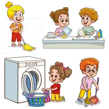 Cartoon children doing housework. Boys and girl helping parents with laundry, washing and vacuuming floor and taking out garbage. Characters doing cleanup or household chores vector