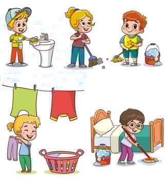 Cartoon children doing housework. Boys and girl helping parents with laundry, washing and vacuuming floor and taking out garbage. Characters doing cleanup or household chores vector
