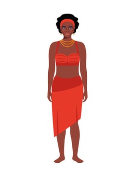 Native black skinned woman of African tribe. Full length portrait. African aborigine girl with traditional ethnic dress, standing in full growth. . vector