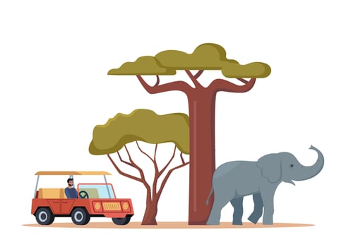 African safari. Man in jeep drive through African savannah and look at tropical and exotic animals. Tourists watching elephants. . vector