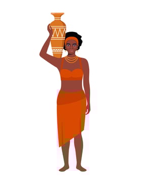 Native black skinned woman of African tribe. Full length portrait. African aborigine girl with traditional ethnic dress, standing in full growth with jug of water. . vector