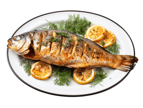 Roasted fish on a plate isolated on transparent background png