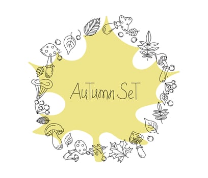 Mushrooms and autumn leaf, set. Round frame, border, floral ornament. Hand lettering. Drawing of doodles of mushrooms, berries, leaves in black outline. Isolated background. vector
