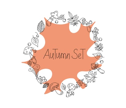Mushrooms, autumn leaf round frame, border, floral ornament. Hand lettering. Drawing of doodles of mushrooms, berries, leaves in black outline. Isolated background. vector