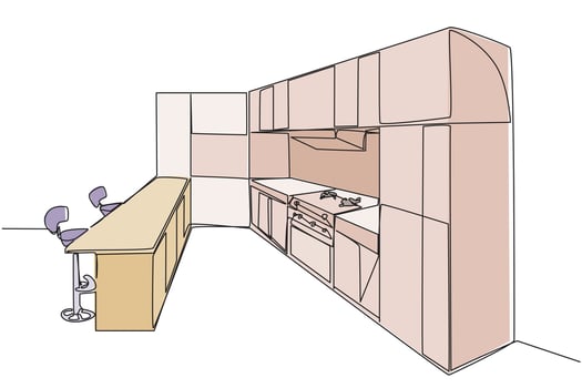 Single one line drawing stylish kitchen with furniture modern. Modern kitchen concept. A place to eat in mini bar style. Modern kitchen that is very clean. Continuous line design graphic illustration vector