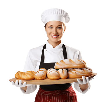Female Baker Holding Tray of Bread Isolated on Transparent Background png