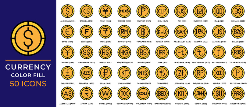 World currency icons collection. With a modern color fill design style. Editable pixel perfect, Suitable for websites, UI and mobile apps. vector