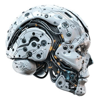 A robot head with a circuit board on it On Transparent Background. png