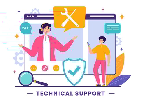 Illustration of a Technical Support System featuring Software Development, Customer Service and Technology Help in a Flat Cartoon Background vector