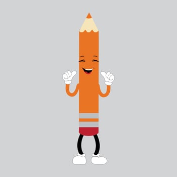 Hand drawn cute illustration school pencil character with smiling face. Flat icon college stationery with rubber in colored doodle style. Education or study sticker, icon. Back to school. Isolated. vector