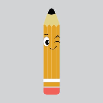Hand drawn cute illustration school pencil character with smiling face. Flat icon college stationery with rubber in colored doodle style. Education or study sticker, icon. Back to school. Isolated. vector