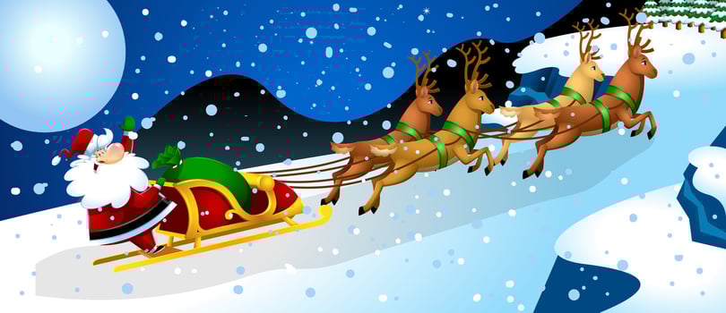 Happy Santa Claus Cartoon Character A Reindeers Flying In A Sleigh vector