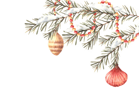 Garland on Christmas tree snowy branch. Red, gold shell, cone and balls vintage Xmas toy, New year holiday decoration Watercolor winter snow fir. Hand drawn illustration template. Isolated background png