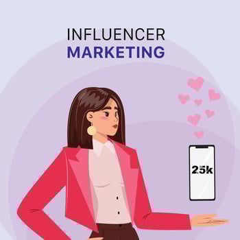 Young woman proudly displaying her cellphone, which shows she has 25 thousand followers. Hearts are floating out of the cellphone. Influencer marketing poster vector