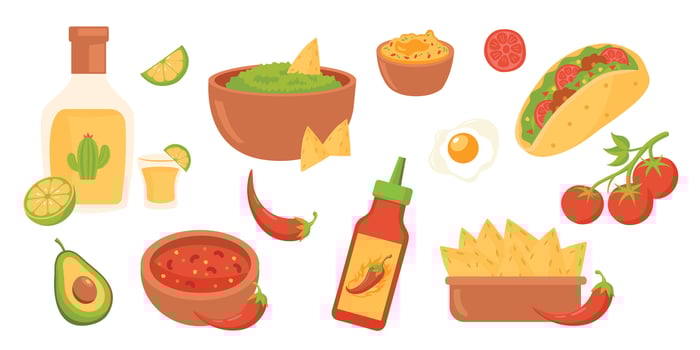Mexican food. Nachos, guacamole, chili pepper, tomato, avocado, egg, burrito, salsa, guacamole sauce. vector