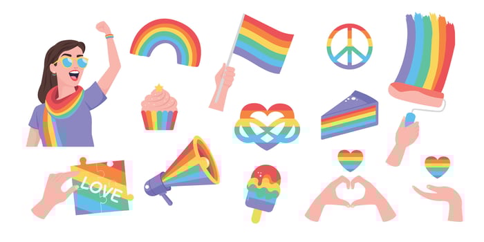 Flat LGBTQ pride stickers set. Symbol of the LGBT pride community. Rainbow elements. Bisexual, transgender, gender equality or relationship rights concept. vector