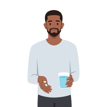 Man taking medicine for illness treatment. Male take vitamin or supplement capsule. vector