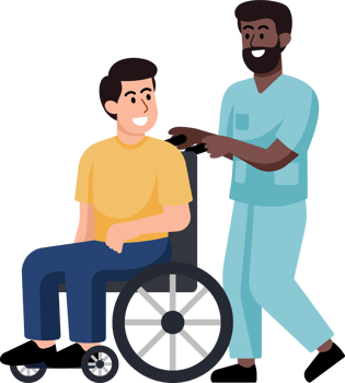 A man in a blue uniform is helping a man in a wheelchair png