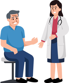 A old man is sitting on a chair while a woman doctor is standing next to him. png