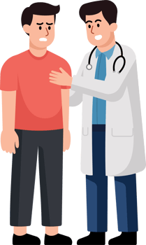 A man in a red shirt is being helped by a doctor. The doctor is wearing a white coat. png