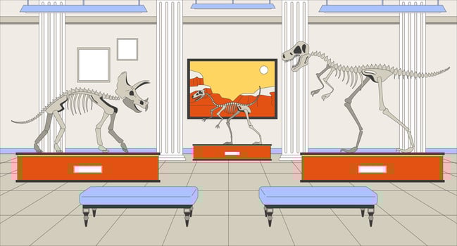 Dinosaur exhibition museum cartoon flat illustration. Natural history exhibits 2D line interior colorful background. Prehistoric times dino bones, fossils gallery scene storytelling image vector