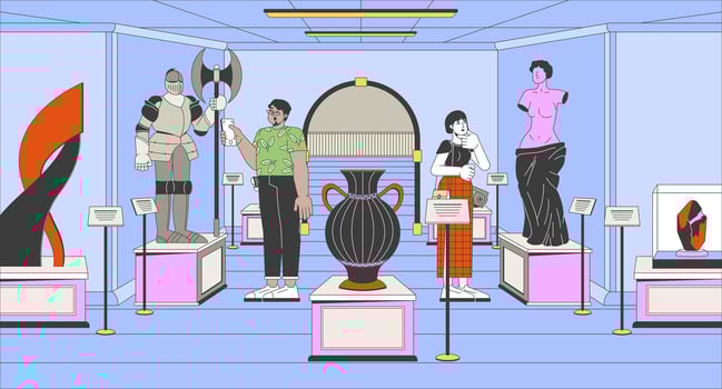 Historic museum people cartoon flat illustration. Asian woman looking at sculpture, arab man taking of knight armor 2D line characters color. Exhibition visitors scene storytelling image vector