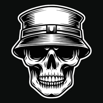 Dark Art Army Skull Head with Army Hat Black and White Illustration vector