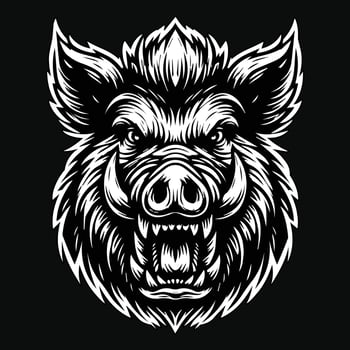 Dark Art Scary Wild Boar Head Black and White Illustration vector