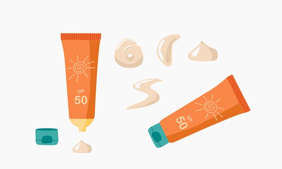 Sunscreen bottle. Illustration of sunscreen cream tube and spray . Sunblock isolated icon on white , orange and blue color . vector