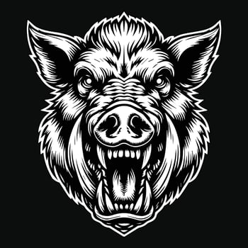 Dark Art Scary Angry Wild Boar Skull Head with Sharp Horn Black and White Illustration vector