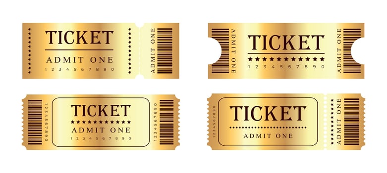 Abstract golden tickets templates on white background. Festival, cinema, theater, concert, casino, circus, event Golden tickets with barcode, front view. illustration vector