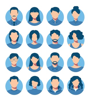 Abstract female and male faceless portraits, avatars or anonymous profiles. Set of colored woman and man abstract face icons. illustration vector