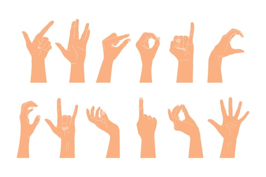 Set of raised human hands showing different gestures. illustration of human hands vector