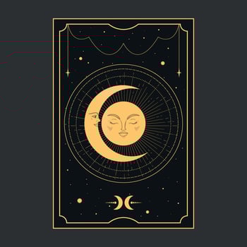 Golden Tarot card with moon and crescent. Tarot symbolism. Mystery, astrology, esoteric. illustration vector