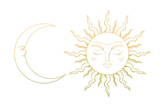 Moon Crescent and Sun. Gold celestial symbols. illustration vector