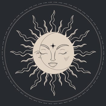 Celestial emblem with a sun and crescent. Monochrome magical illustration vector