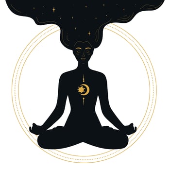 Woman sitting in lotus pose and meditating in golden circle. Celestial and magical art. illustration vector