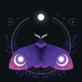 Celestial background with purple moth, sun and crescent moon. illustration vector