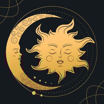 Moon Crescent and Sun. Gold celestial background. illustration vector