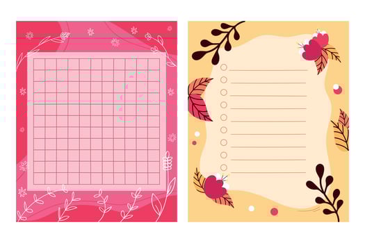 Paper notes set decorated with leaves and flowers. Templates for memo, reminder or to do list. illustration vector