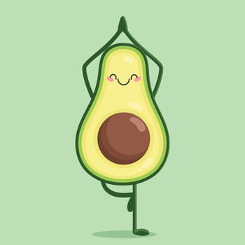 Cute cartoon character Avocado doing yoga. Healthy eating and fitness concept. Avocado in yoga pose. illustration vector
