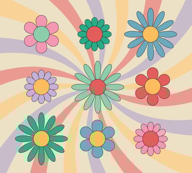 Groovy daisy flowers colorful set. Hippie retro style. Flower icons. illustration vector