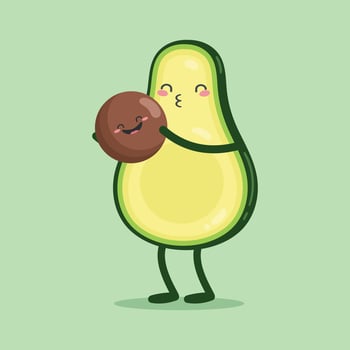 Cute cartoon character Avocado kissing the baby. Flat style. illustration vector