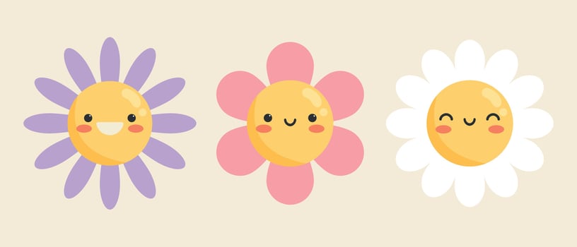 Cute cartoon smiling flower characters set. Childish style. illustration vector