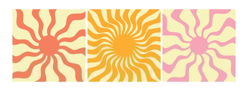 Groovy retro sunburst set. Groovy sun with twisted and distorted rays. Hippie 60s, 70s style. illustration vector