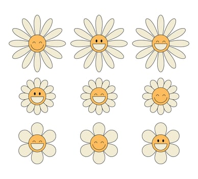 Groovy daisy chamomile flower characters set. Hippie retro style. Flower icons. illustration vector